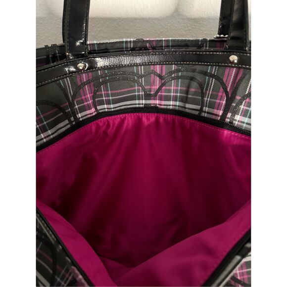 Coach Womens Signature C Poppy Plaid Tartan Glitter Shoulder Tote Bag Black Pink - Picture 4 of 6